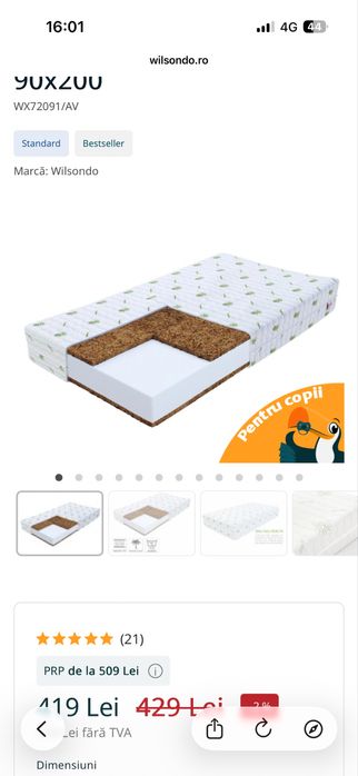 Vand pat nou din lemn cu slatea 90/200