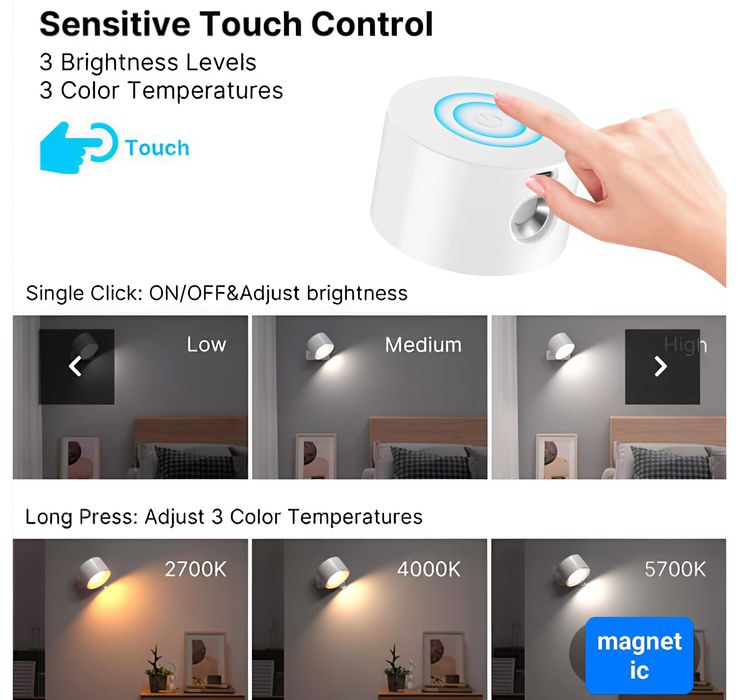 Lampă de perete modernă fără fir, reîncărcabilă și magnetica