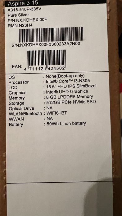 Acer A315 8GB RAM 512GB SSD в Гаранция