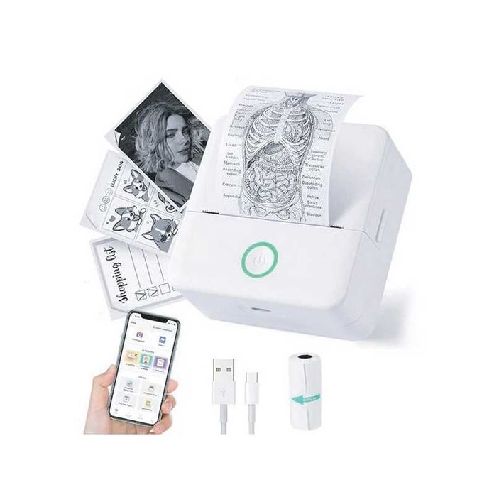 Мини принтер Mercado Trade, С USB кабел за мобилен телефон, Бял