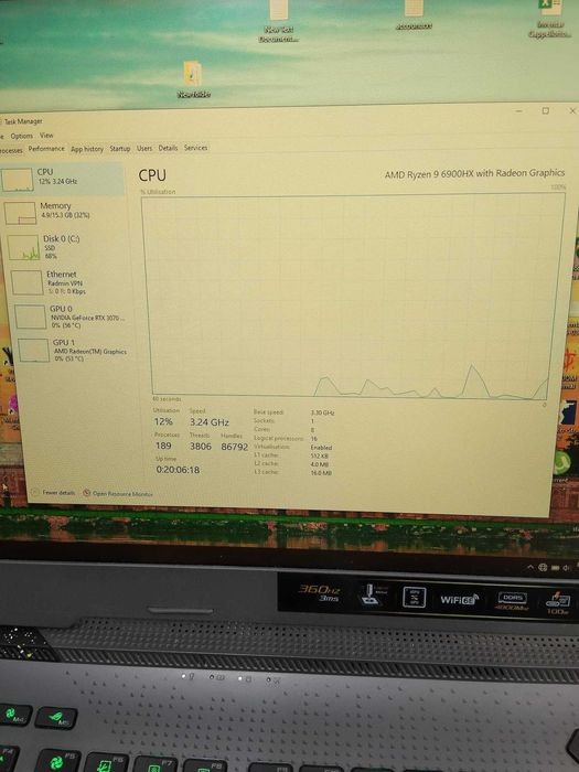 Laptop Asus Rog G17, Ryzen 9 6900HX, RTX 3070 TI, 360hz display