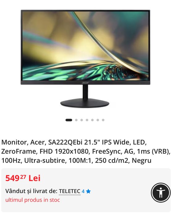 Monitor Acer Model: SA222Q Ebi CA Nou!!! Full Box Garantie/Bon fiscal.