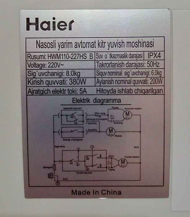 Haier kir yuvish mashinasi pol avtomat