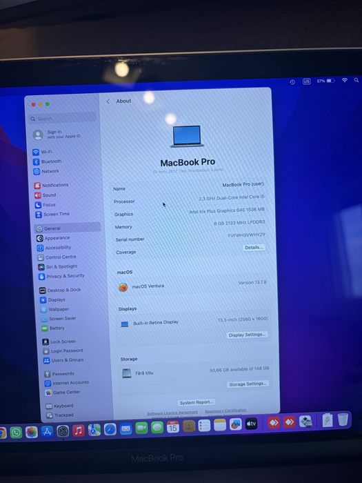 Macbook Pro 1708 windows si MacOs 256 gb