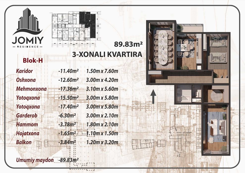 Jomiy Residencedan 3xonali uchun maxsus taklif
