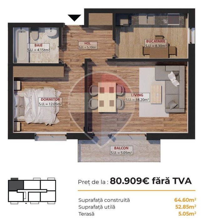 De vanzare Apartament 2 camere - incalzire in pardoseala