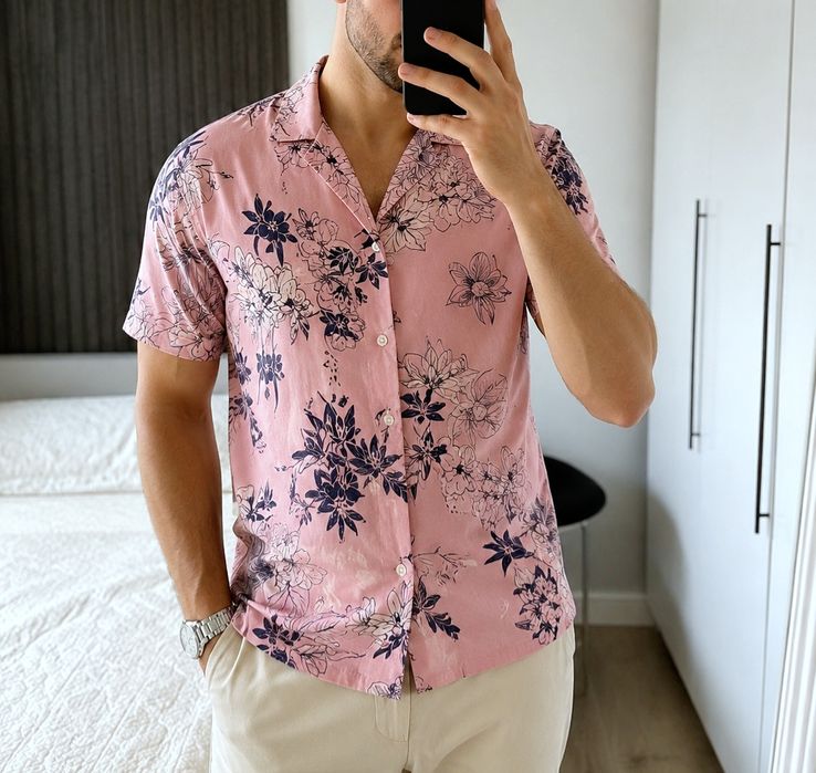 C&A M cămașă bărbat florală roz cu gri slim fit vâscoză bumbac vară casual modern