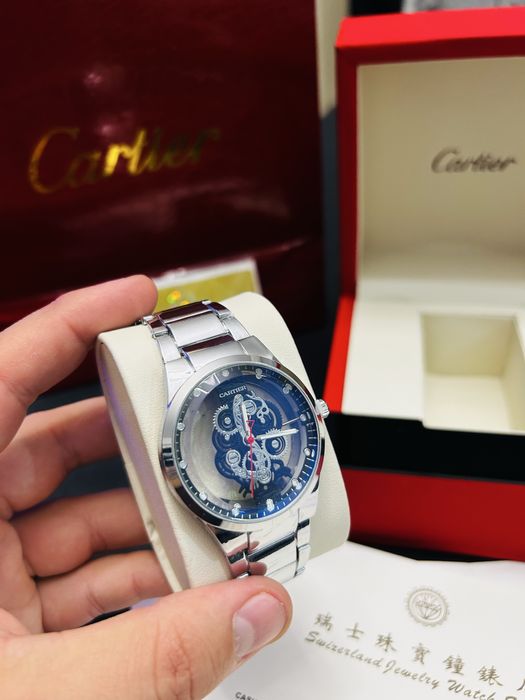 Ceas Cartier skeleton design quartz bărbați brățară metalică full set cutie acte