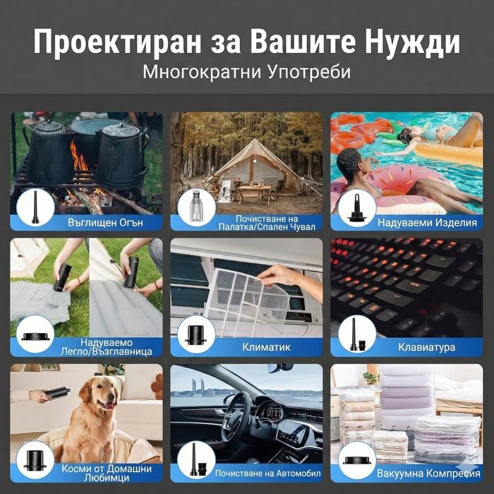 4-в-1: Безжична мини прахосмукачка, духалка и помпа, 8000Pa, 7800mAh