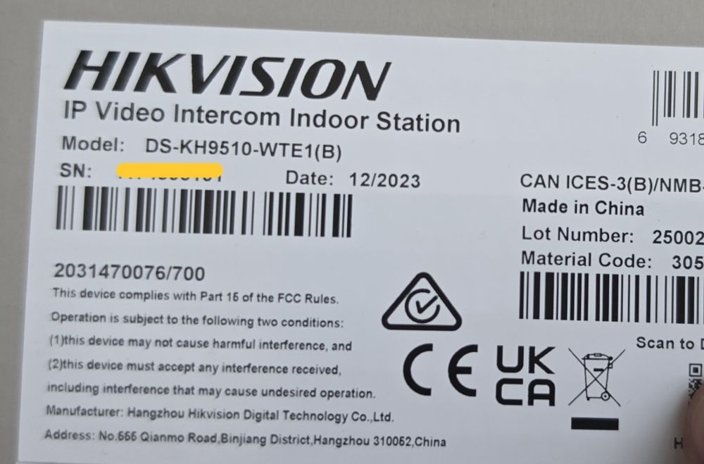 Hikvision videointerfon interior DS-KH9510-WTE1(B)