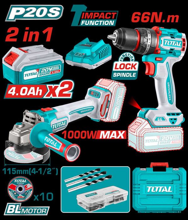 TOTAL - KIT COMBO - masina de gaurit cu impact + polizor pe acumulator
