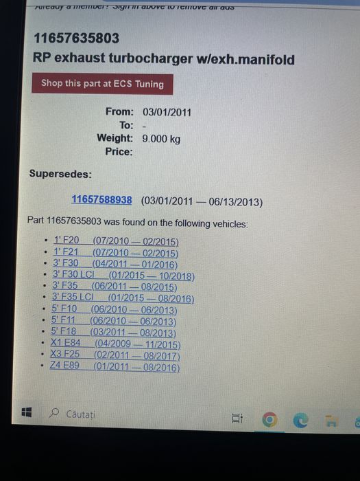 Turbo turbina bmw f20 f30 f10 f18 f35 x1 x3 z4 cod motor n20b20