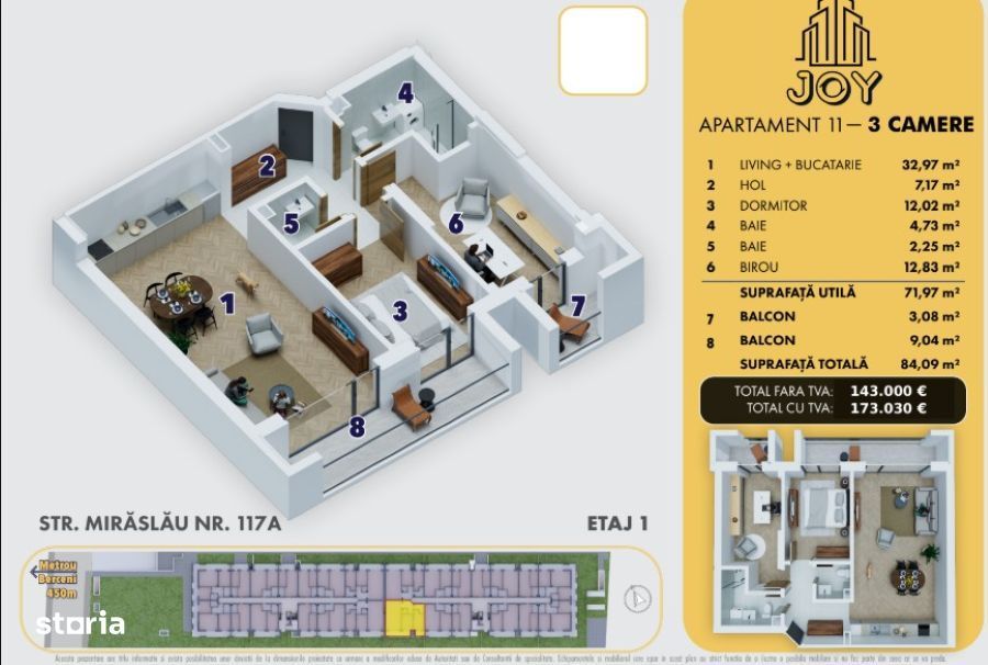 [JOY] Apartament cu 3 camere | 2 bai - 84 mp