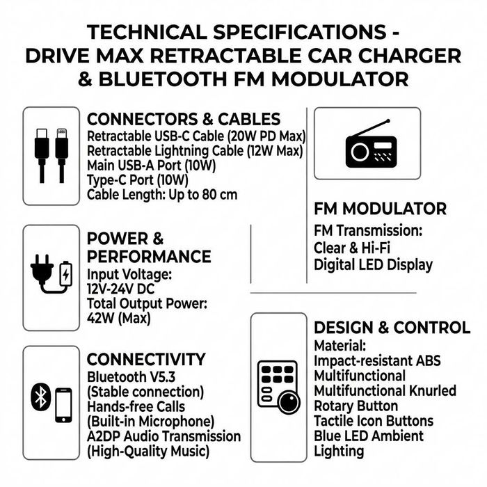Încărcător Auto 120W | Modulator FM Bluetooth Drive Max Wyred by Monga