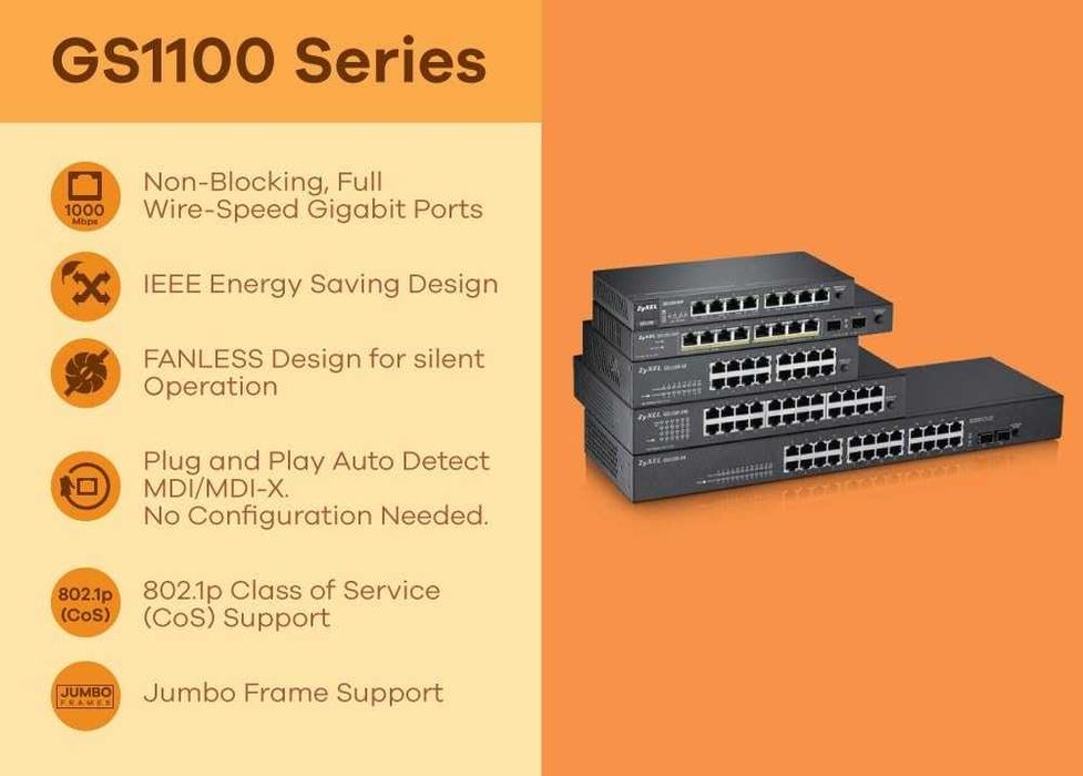 Switch Zyxel Gigabit Ethernet 16 porturi GS1100-16 cutie deschisă nouă montare în rack Plug and Play fanless