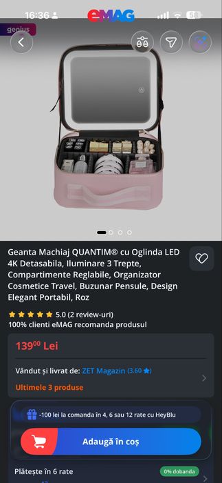Geanta Machiaj Roz QUANTIM cu Oglinda Led 4K detasabila,Iluminare 3 Trepte, Compartimente Reglabile, Organizator Cosmetice Travel,Buzunar Pensule