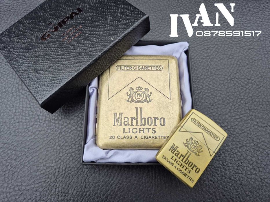 Табакера от месинг и газова запалка  комплект  Marlboro