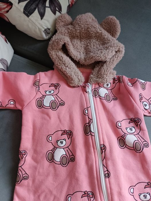 Бебешко зимно розово гащеризонче "мече" за момиче на мечета размер 6-9