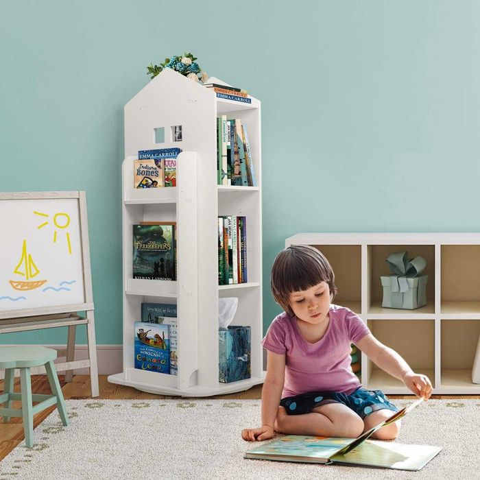 Въртяща се на 360° библиотека за деца, малка въртяща се библиотека с 3 нива, бяла библиотека за деца, спалня, хол, офис