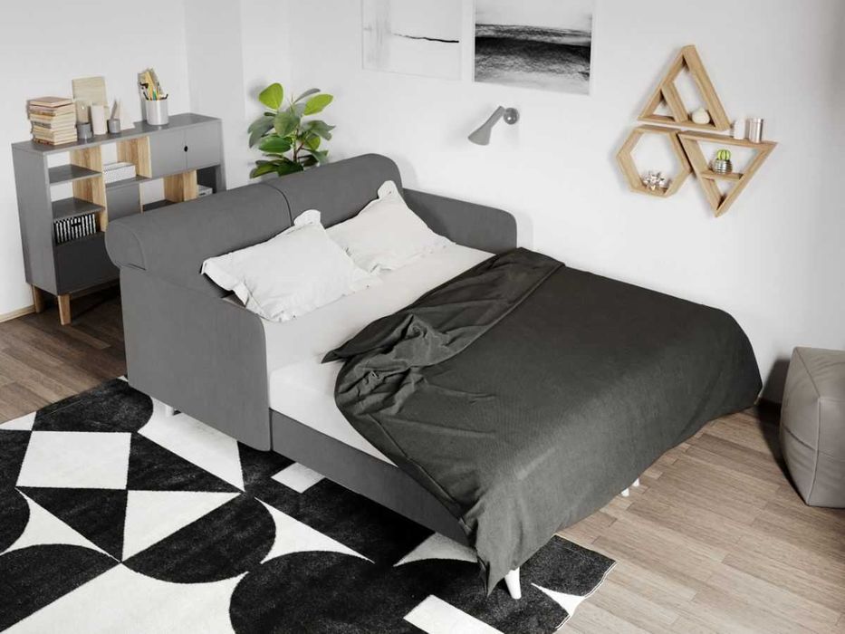 Divan dublu / Pat matrimonial tapitat Gri Deschis Round Rabatabil