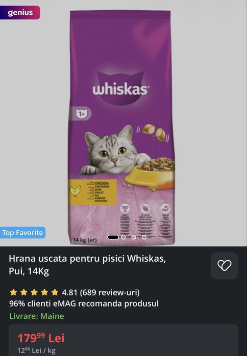 Hrana uscata pentru pisici Whiskas, Pui, 14Kg