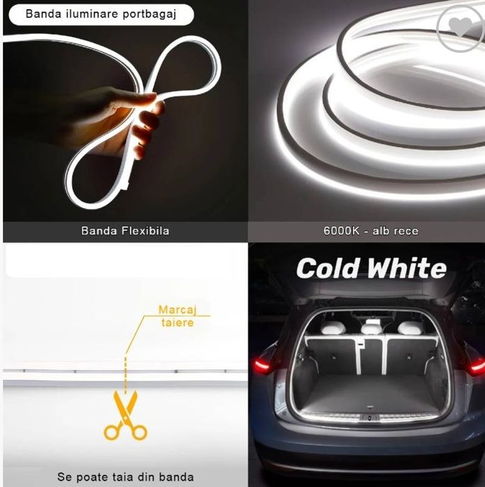 Banda auto led iluminat portbagaj lumina alb-rece, 12V, universal