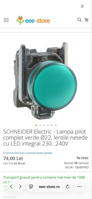 Schneider Electric XB4BVM3 Buton luminos LED 230V Nou