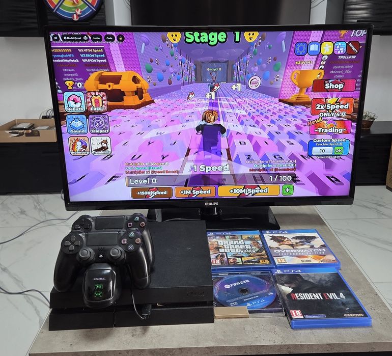 PS4 1TB + PACHET GAMING  CU TV +2 manete + statie incarcare + 4 jocuri pe cd + multe jocuri digitale descarcate!