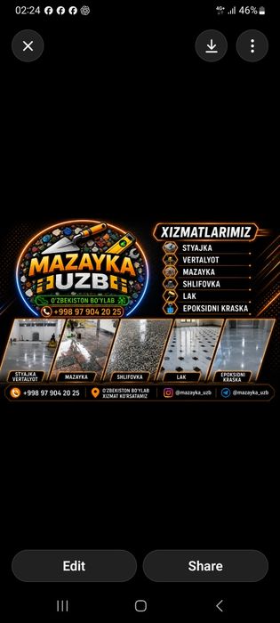 Styajka vertalyot  Mazayka Shlipovka Lak Epoksid pol Styashka xizmati
