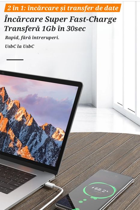 Cablu Încărcare+Date Usb/UsbC. Super Fast-Charge. 1Gb/30sec. Adaptiv.