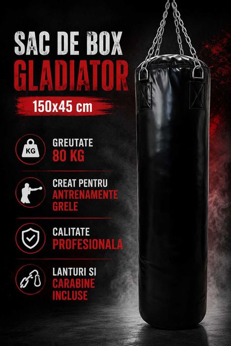 Sac de box Gladiator 150x45 cm Negru Umplut - 80 KG