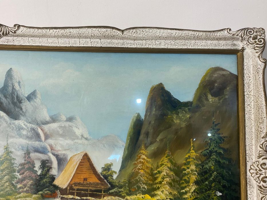 Tablou cu Ramă din Lemn 165x88 cm; Pictură în Ulei pe Pânză, Peisaj Montan