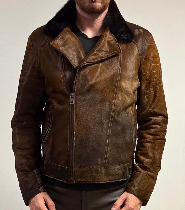 Мъжко яке от естествена кожа с косъм от пони и яка от норка