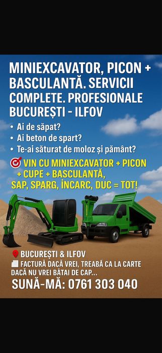 De Inchiriat Miniexcavator 3,5 + Picon + Basculanta  Transport
