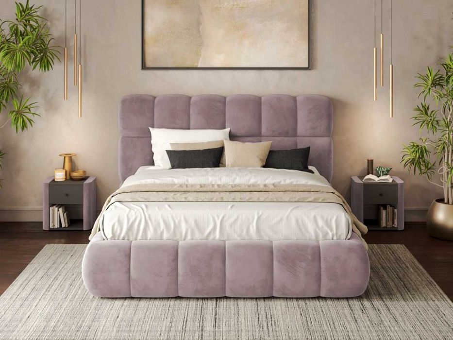 Pat Tapitat Espera tip bubble cu somiera fixa Roz Velluto 14 - Transport Gratuit