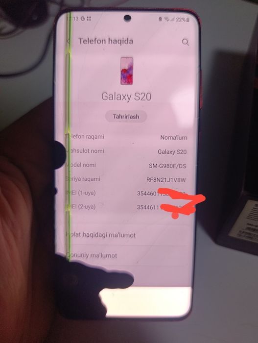 Samsung S 20
Xotira 8/128
Immi/esim utgan 
Yonadi ishlaydi 
Ekrani ket