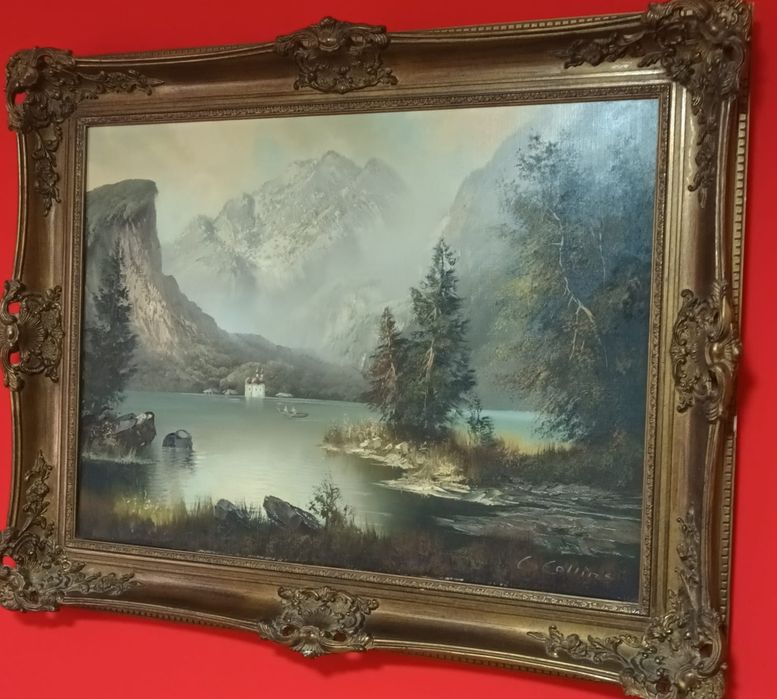 Pictură realizată în ulei pe pânză, reprezentând un peisaj montan cu u