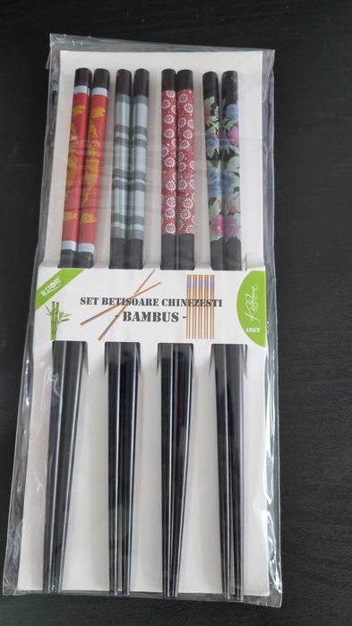 Set betisoare chinezesti, 4 perechi, Bambus, diferite modele