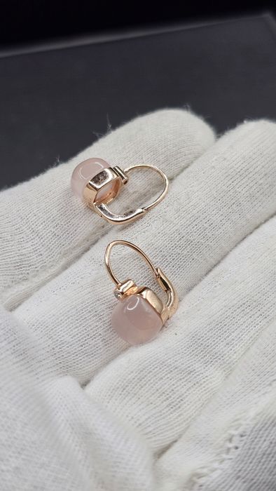 Златни обеци 14К с естествен розов кварц и диаманти | 3.90 гр