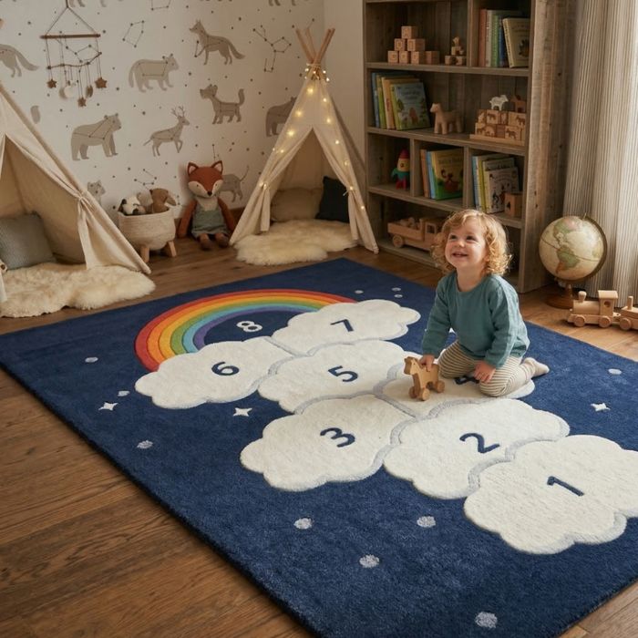 Детски килим за игра 120х160см - Светложълт килим с цветни къщички, пр