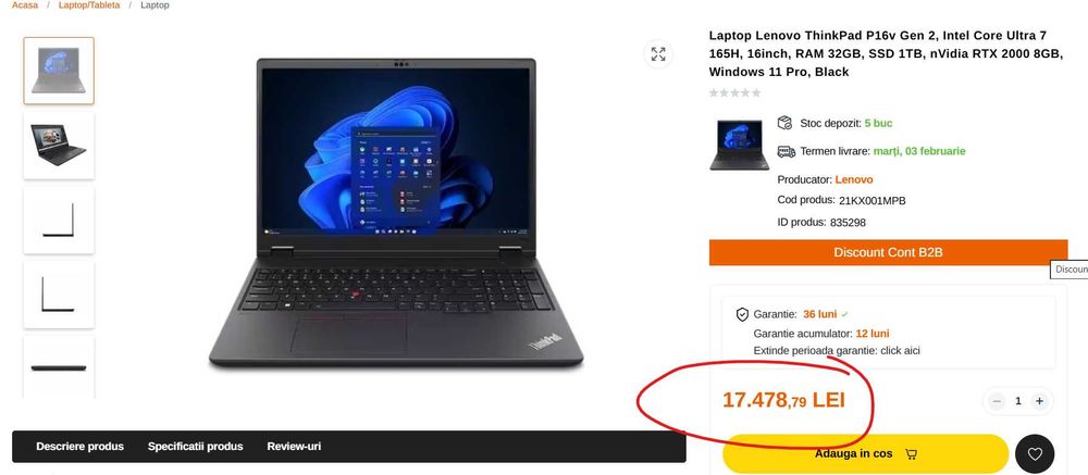 Laptop Lenovo ThinkPad P16v Gen2 16" WQUXGA 800-nits Intel Ultra 7 155H 32GB Ram NVIDIA RTX 1000 1TB SSD AlienStore Firma Factura Garantie Leasing