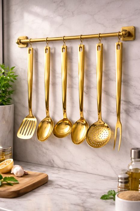 Set ustensile bucatarie inox auriu 6 piese, set ustensile gatit, inox alimentar, design elegant