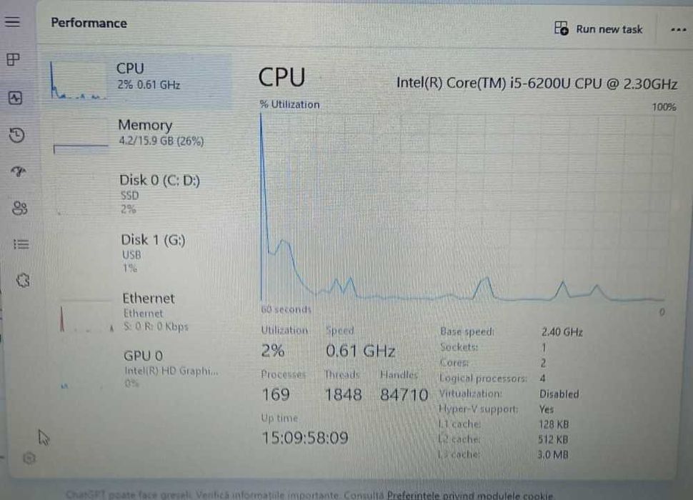 Laptop HP 250 G6, 15.6 Inch, Intel Core i5-6200U, 16Gb ddr3, SSD 128Gb