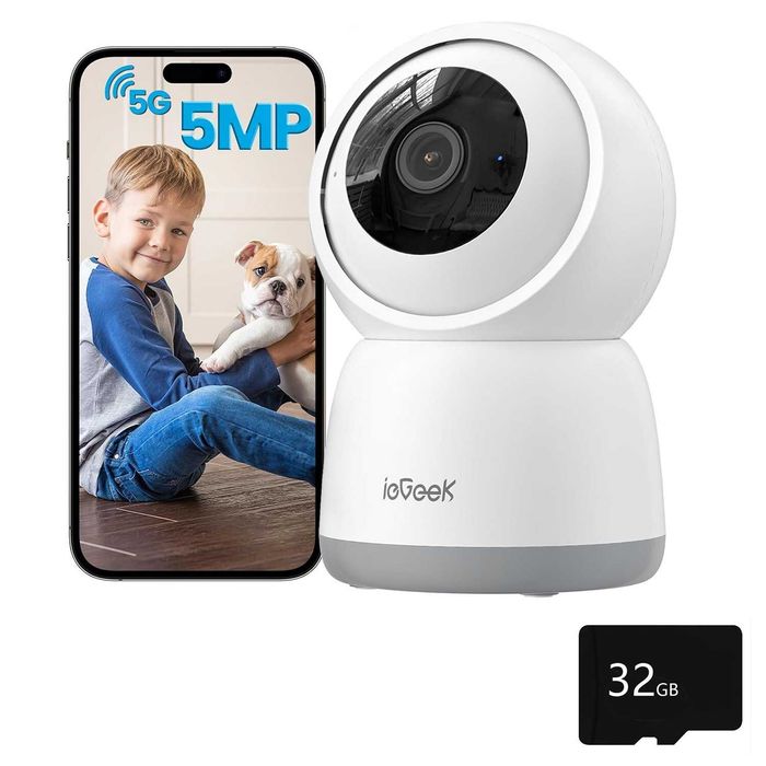 ieGeek 2.4g/5g WiFi охранителна камера за вътрешен монтаж, 5MP кабелна CCTV IR камера, SD карта