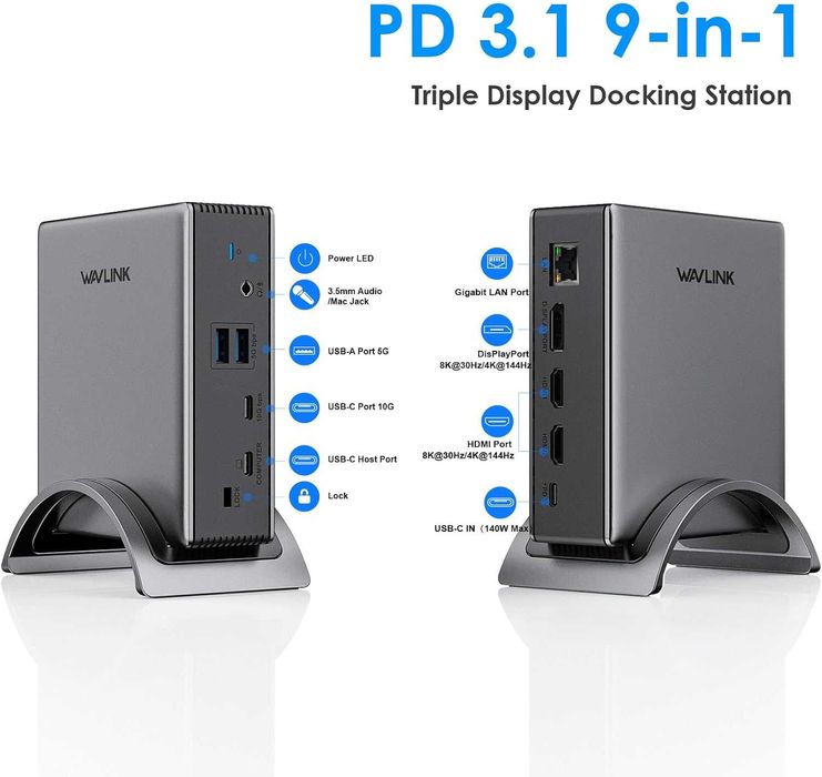 Докинг станция за лаптоп, WAVLINK PD3.1, 2*HDMI + DP, USB-C 10Gb