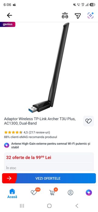 Adaptor Wireless TP-Link Archer T3U Plus, AC1300, Dual-Band nou
