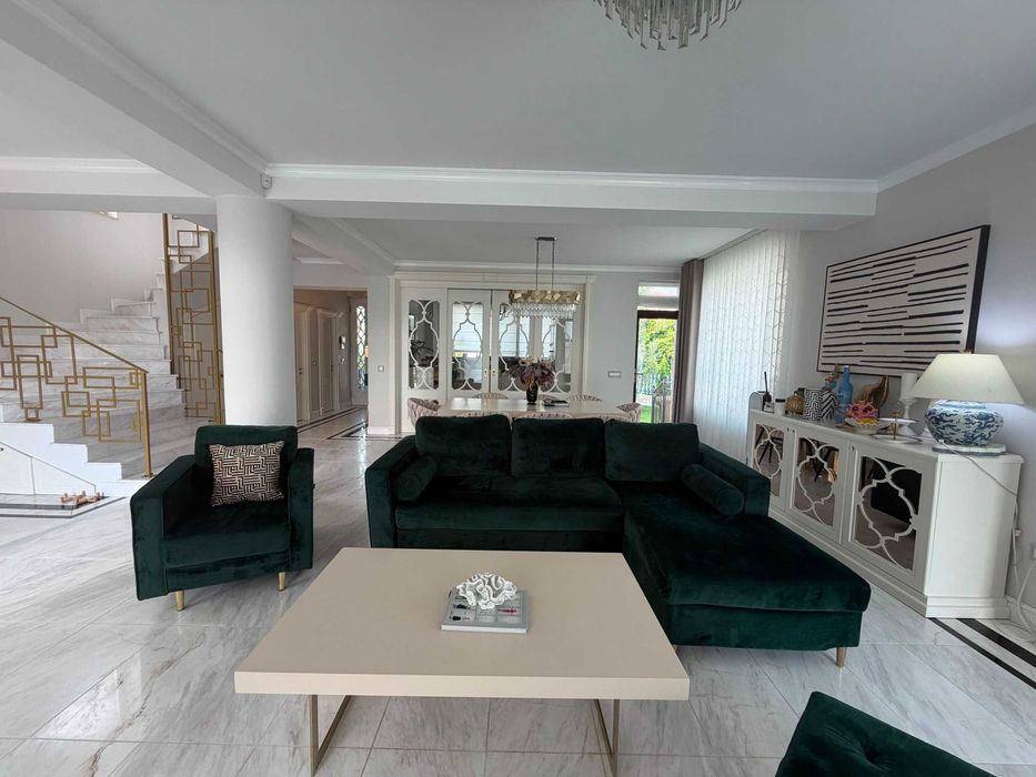 Set living verde catifea ( canapea extensibila, taburet, scaun)