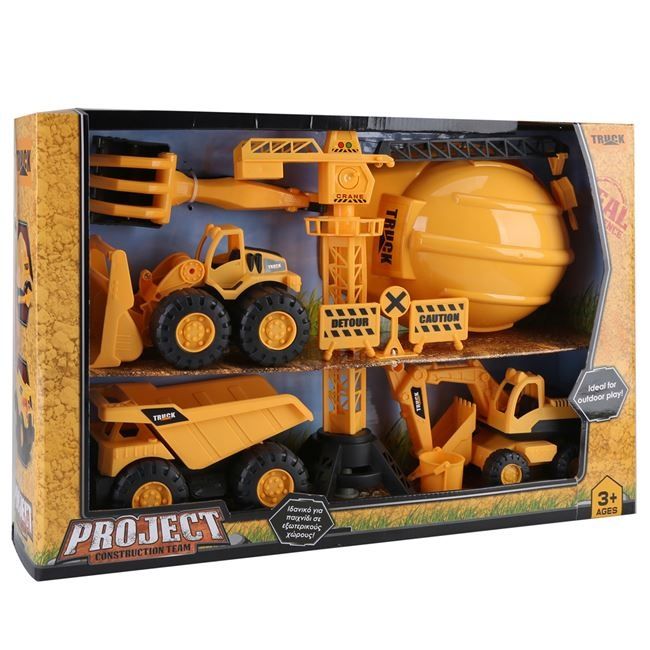 Строителен комплект с кран,каска,багер,самосвал