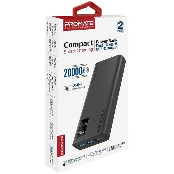 Powerbank Baterie externa PROMATE Bolt-20Pro, 20000mAh, 2x USB-A, 1x USB-C, alb noua sigilata