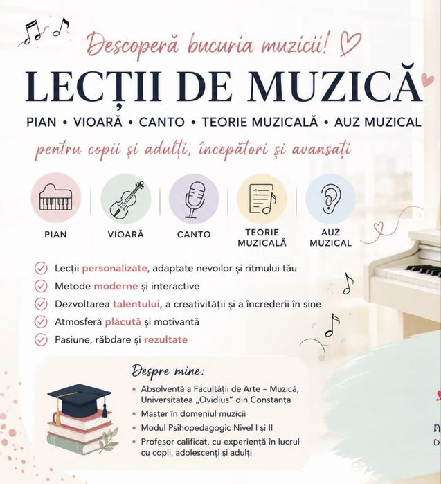 Lecții de Pian și Vioară | Teorie Muzicală | Canto| Copii și Adulți | Profesor Calificat